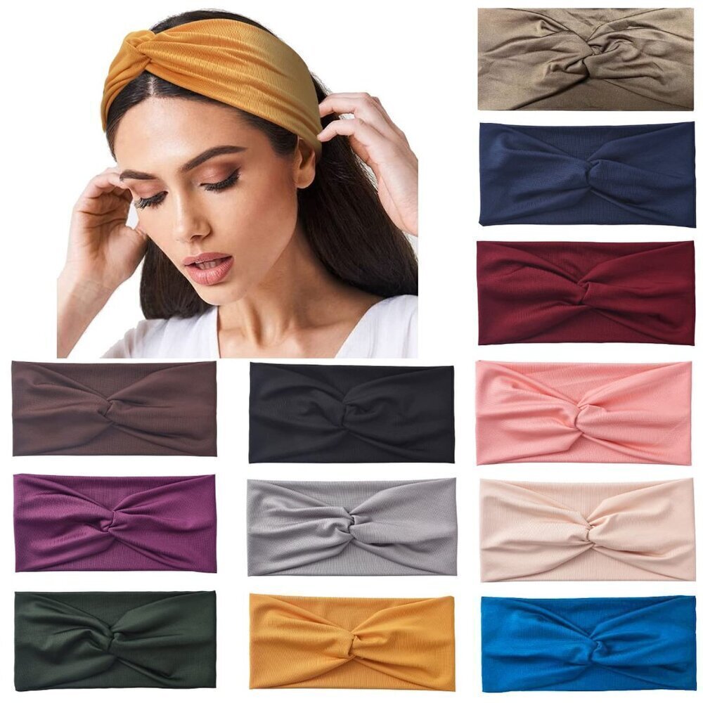 12 Pack Wide Twist No Slip Turban Stretchy Criss Cross Yoga Workout Sport Hair